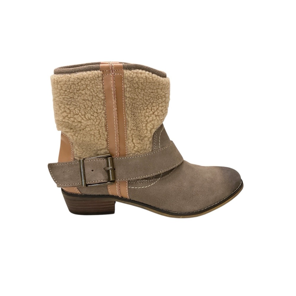 KELSI DAGGER khaki Suede Faux Sheepskin Fleece buckle Ankle Midcalf Boots 8